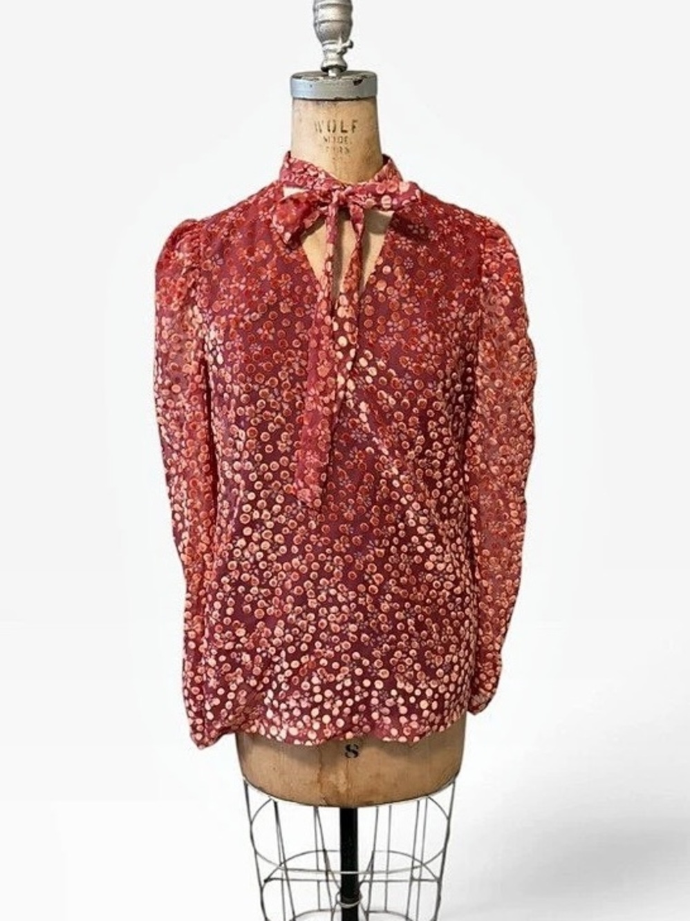 Mac Duggal Long Sleeve Tie Neck Floral Blouse in Oxblood Multi Chiffon XS NWT